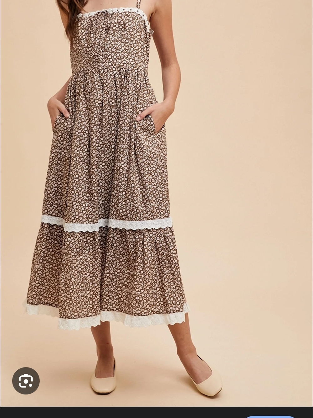 Brown Floral Tiered Maxi Skirt with Lace Trim